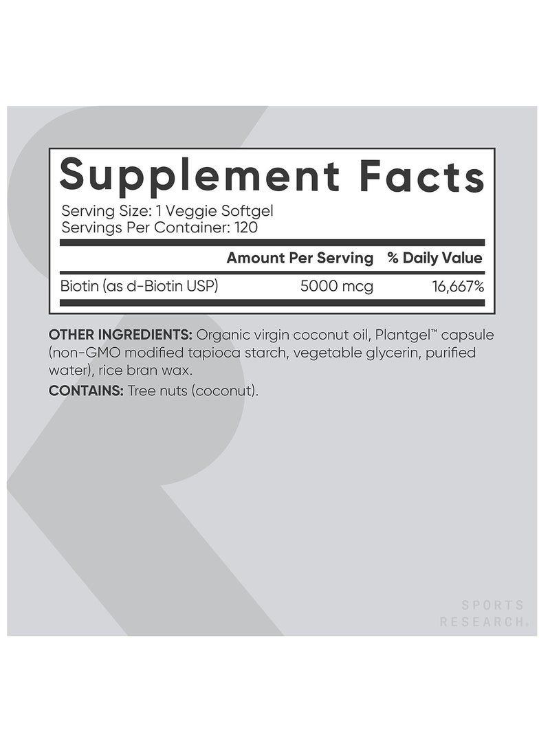 Sports Research Biotin 5000 Mcg 120 Veggie Softgels