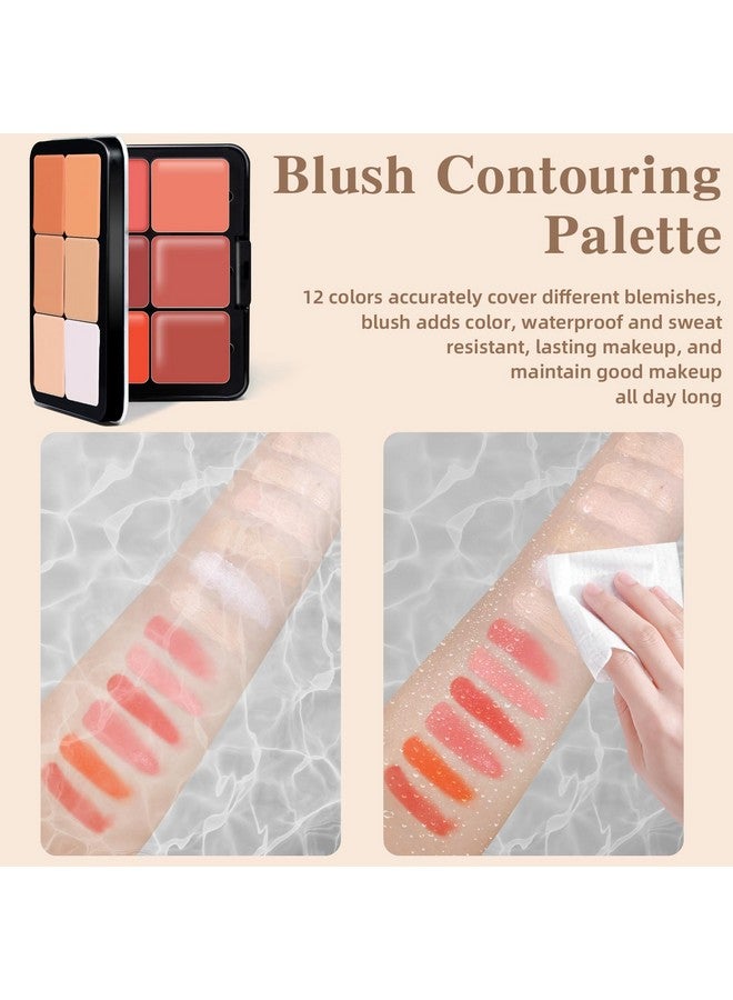12 Colors Cream Blush Palette, Color Correcting Concealer Foundation Palette, Long Wearing Smudge Proof Blendable Matte Finish Blush Powder Highlighter And Cream Contour Palette Makeup (01)