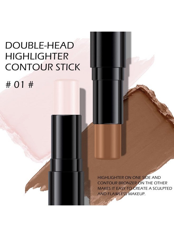 2 Colors Highlighter Contour Stick, Shimmer Pearl Highlighter Finish, Natural Matte Contour Shade, Lasting Glossy, Blendable Lightweight Creamy Multifunction Makeup Stick, By Ownest Beauty01