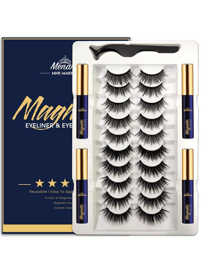 Magnetic Eyelashes With Eyeliner Kit 10 Pairs Premium 3D Natural Look Reusable Magnetic Lashes With Applicator, 4 Tube Strong Magnetic Eye Liner By Menaka, Easy Magnet Lashes To Apply.