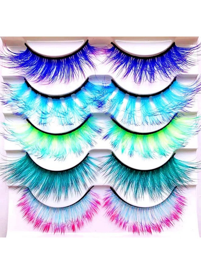 Sunniess Ombre Colored Lashes Silk Protein Fluffy Wispy Volume Fake Lashes For Halloweens Cosplay Party Stage Russian D Curl Lashes With Color Make Up Faux Mink False Eyelashes 5 Pairs (Ag00)