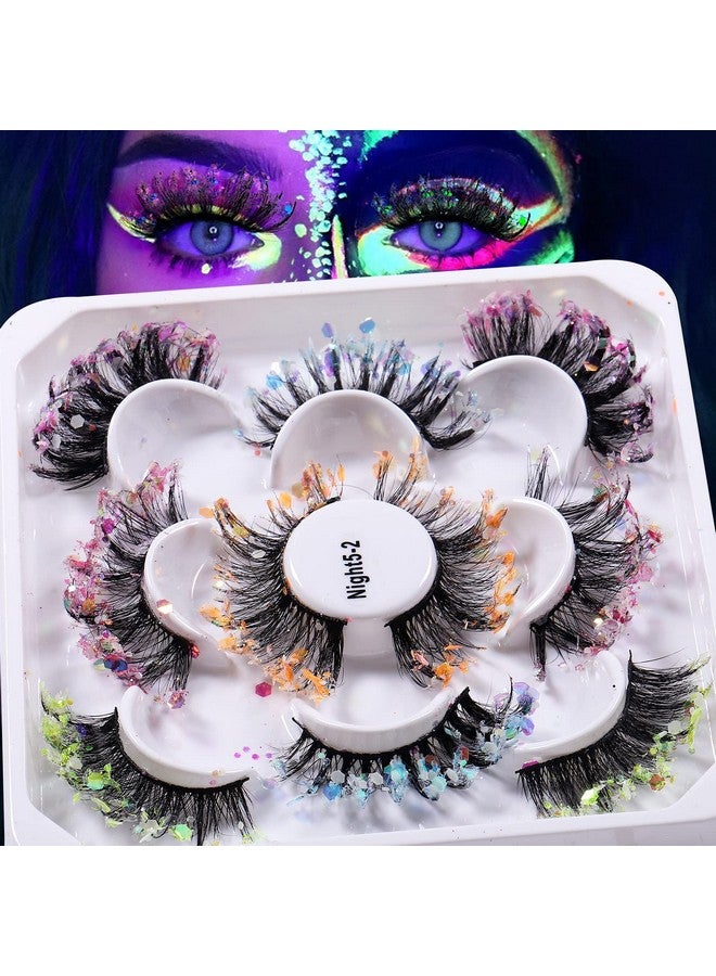 Glitter Night Luminous False Eyelashes 8D Wispy Faux Mink Lashes Colored Eyelashes Dramatic Lashes For Halloween Party Stage Cosplay(5 Pairs Set 2)