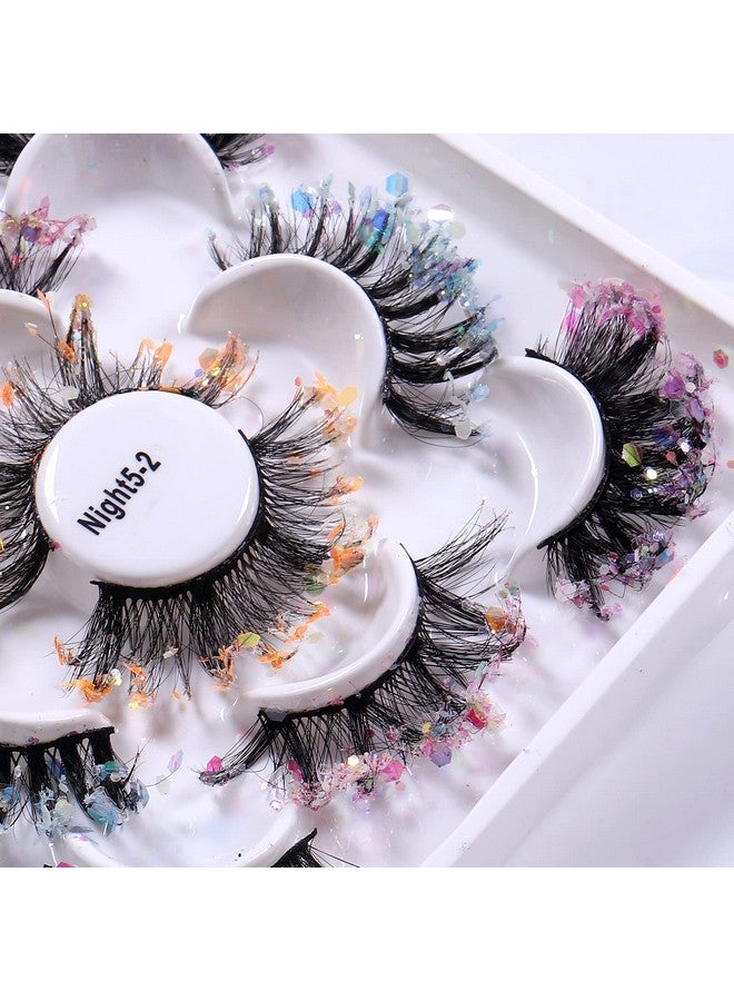 Glitter Night Luminous False Eyelashes 8D Wispy Faux Mink Lashes Colored Eyelashes Dramatic Lashes For Halloween Party Stage Cosplay(5 Pairs Set 2)