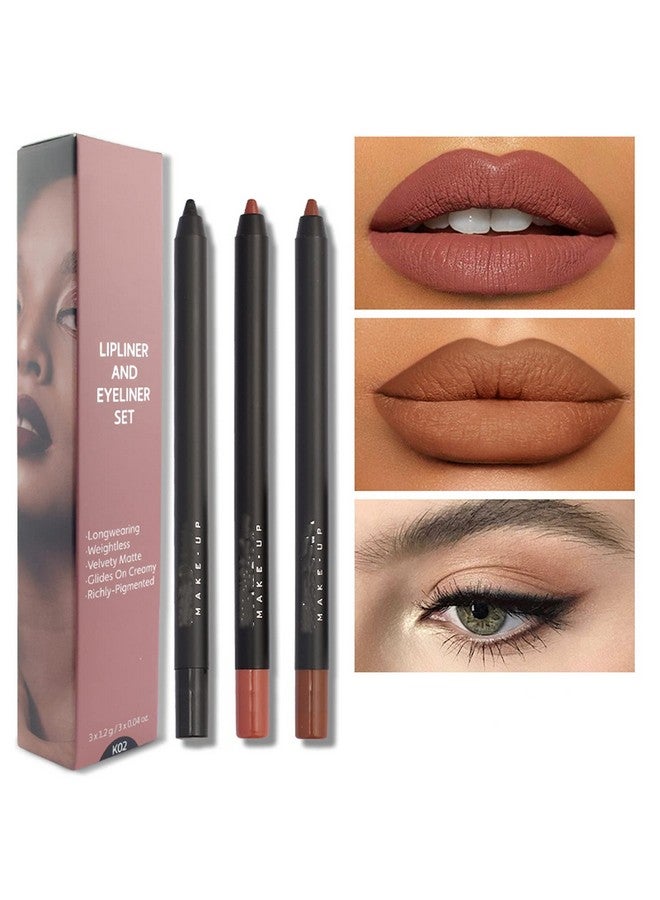 Matte Lipliner And Eyeliner Kit 3 Pcs Smoothly Creamy Lipliner And Eyeliner Pen Set For Daily Wear (3Pcs Kit 2)