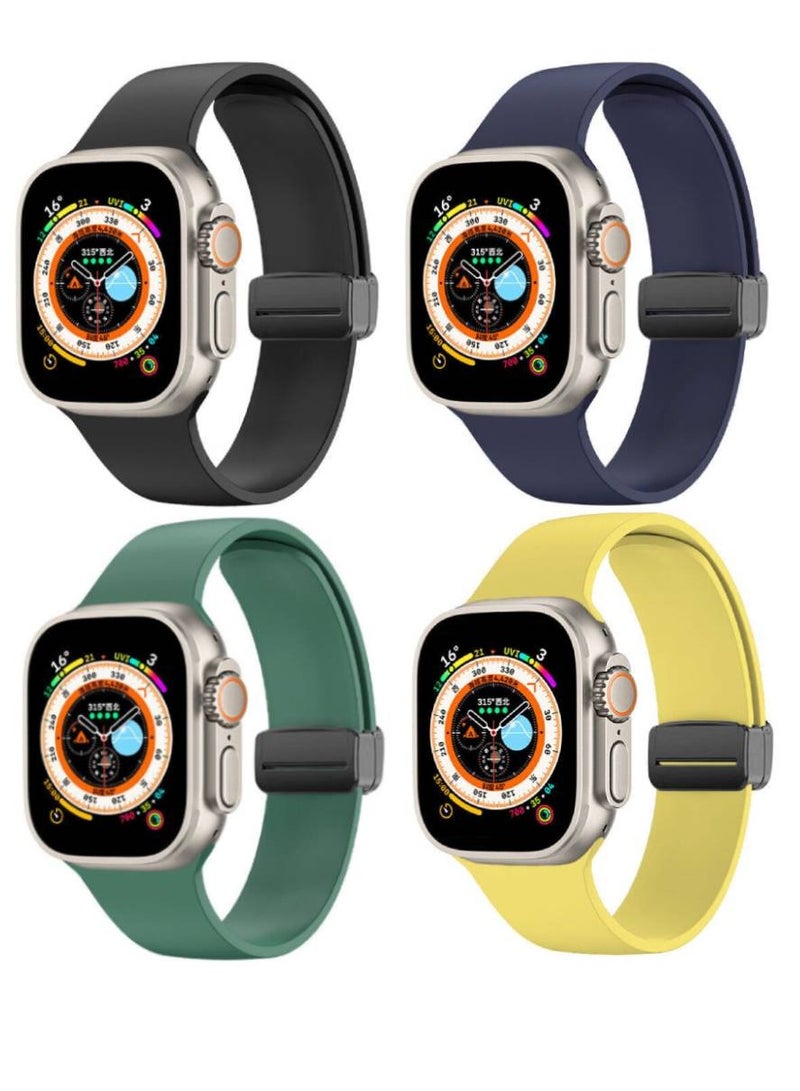 Pack Of 4 Replacement Sport Silicone Strap With Magnetic Folding Buckle For Apple Watch Ultra / Watch Ultra 2 49mm Black/Blue/Green/Yellow