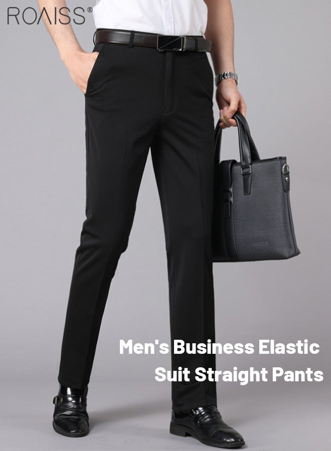 Men's Fashion Casual Business Pants Summer Light Thin High Elastic Pure Black Suit Pants With Pockets On Both Sides Straight Pants