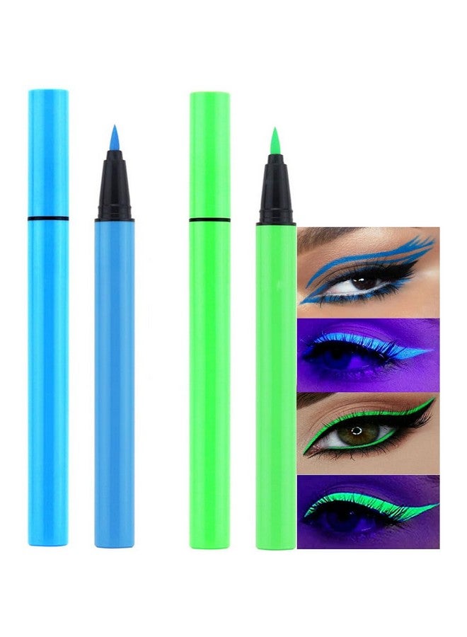 2Pcs Blue Green Neon Colorful Liquid Eyeliner Makeup Set Kit Uv Glow In The Dark Bright Rainbow Colored Pigmented Graphic Liquid Eyeliner Pen Set For Body Face Paint Delineador De Ojos Líquido De Neón