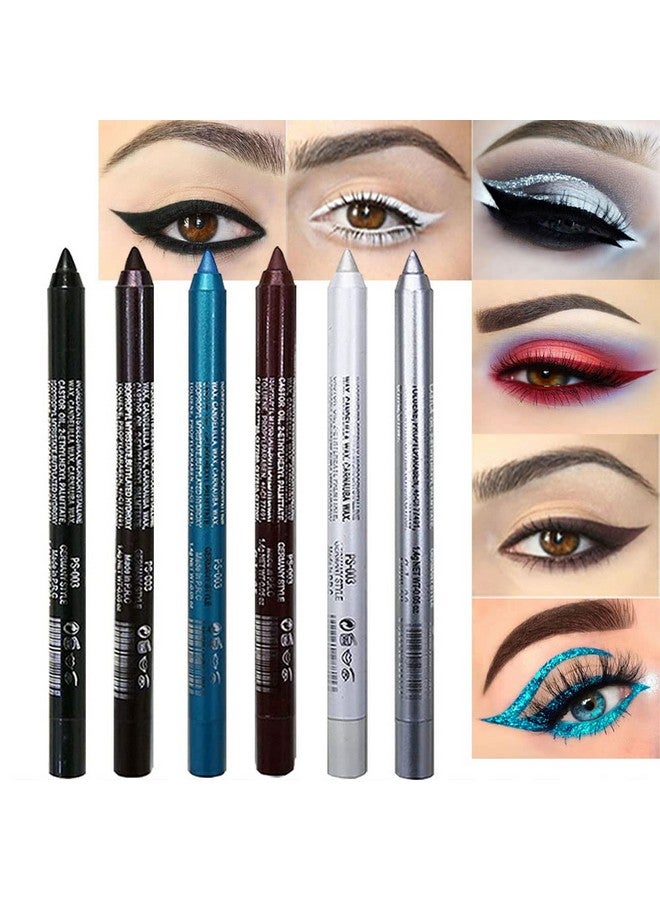 6Pcs White Glitter Eyeliner Pencils Set Delineadores De Colores Para Ojos Lapiz Negro A Prueba De Agua Black Silver Blue Red Brown Metallic Colorful Liquid Eye Liners Waterproof