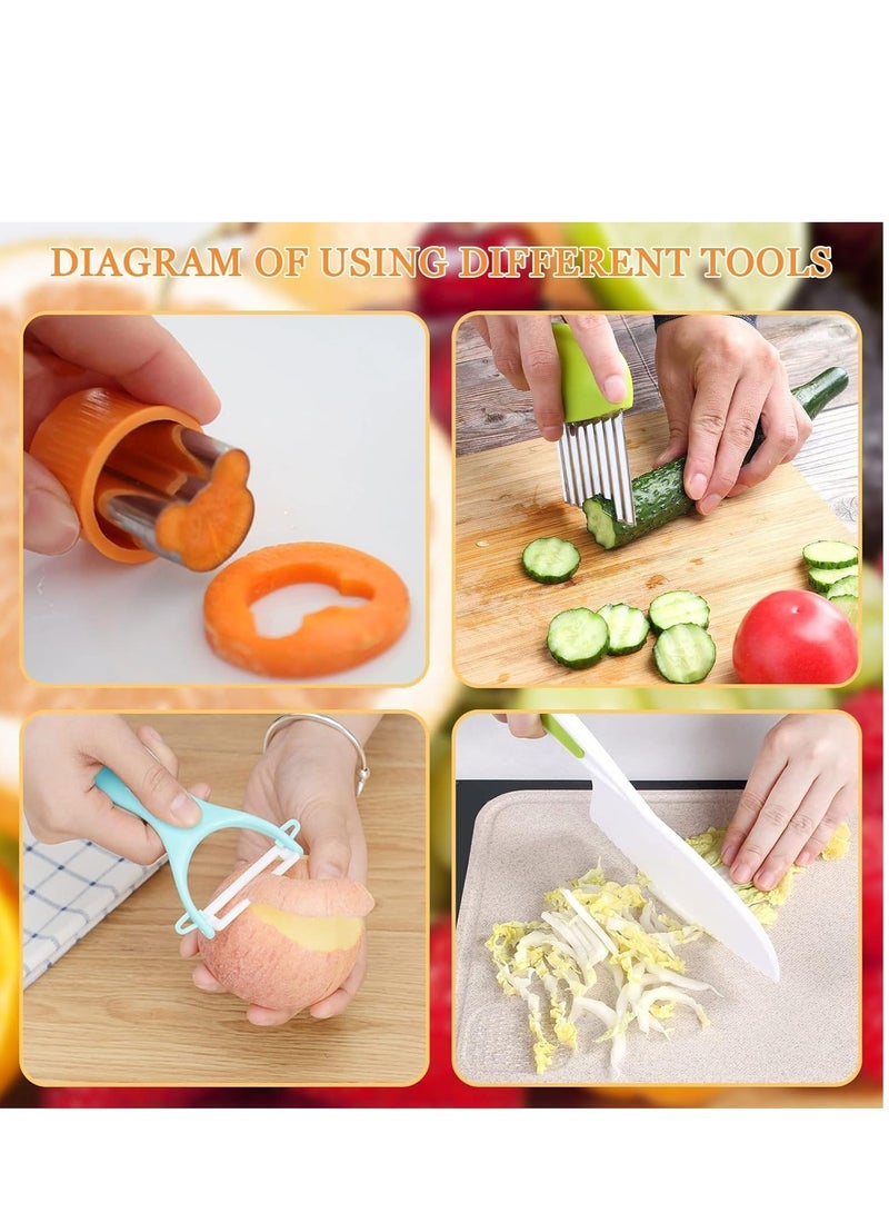 Wooden Kids Kitchen Knife, 17 Pieces Kids Knife Montessori Toy Set, Include Wood Kids Safe Knife, Serrated Edges Plastic Toddler Knife, Crinkle Cutter, Sandwich Cutter, Y Peeler, Cutting Board