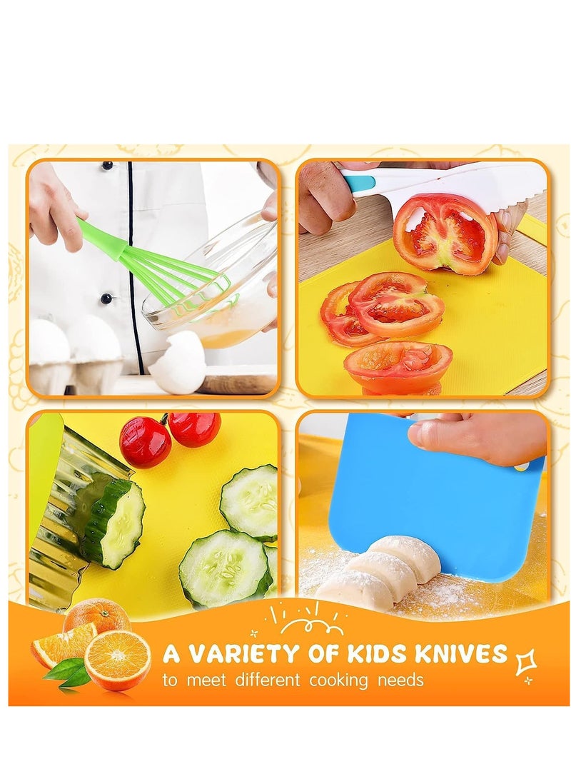 Wooden Kids Kitchen Knife, 17 Pieces Kids Knife Montessori Toy Set, Include Wood Kids Safe Knife, Serrated Edges Plastic Toddler Knife, Crinkle Cutter, Sandwich Cutter, Y Peeler, Cutting Board