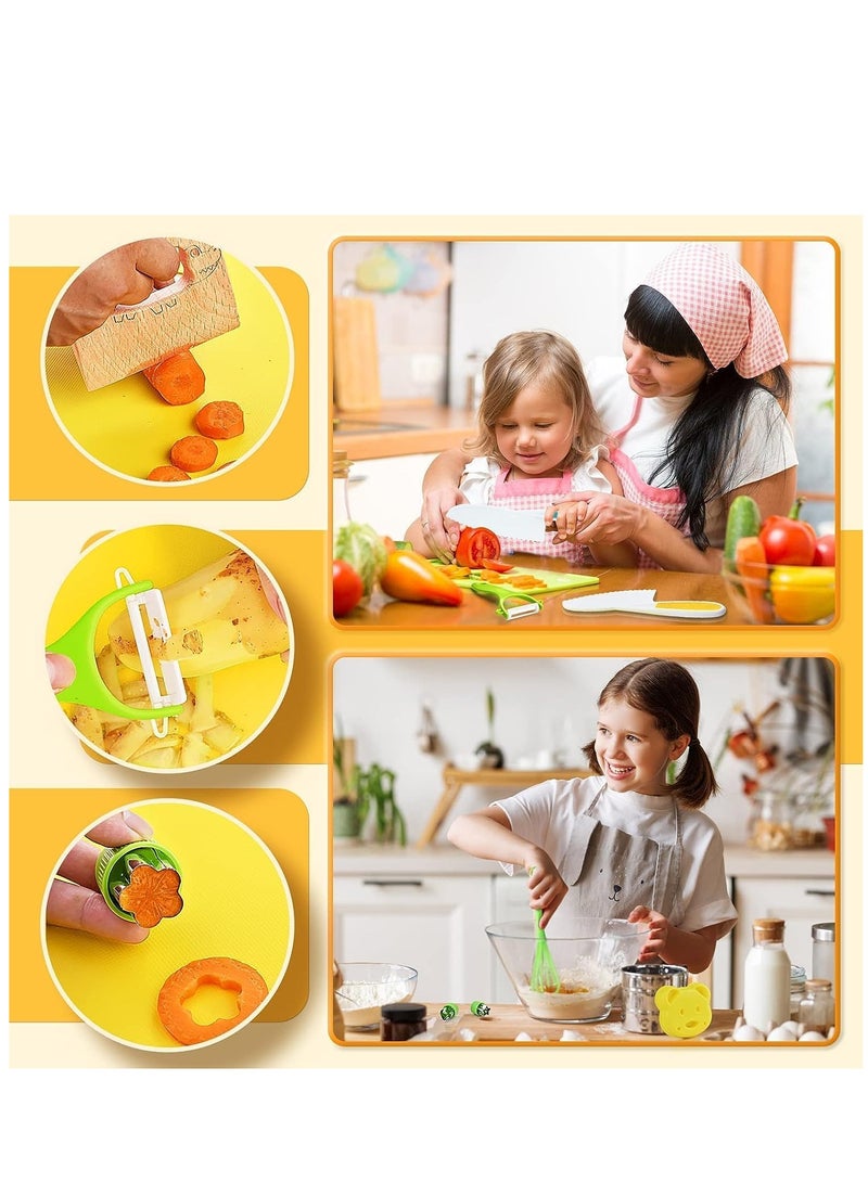 Wooden Kids Kitchen Knife, 17 Pieces Kids Knife Montessori Toy Set, Include Wood Kids Safe Knife, Serrated Edges Plastic Toddler Knife, Crinkle Cutter, Sandwich Cutter, Y Peeler, Cutting Board