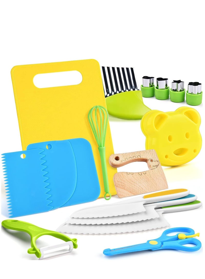 Wooden Kids Kitchen Knife, 17 Pieces Kids Knife Montessori Toy Set, Include Wood Kids Safe Knife, Serrated Edges Plastic Toddler Knife, Crinkle Cutter, Sandwich Cutter, Y Peeler, Cutting Board