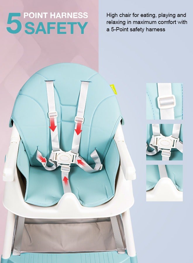 Convertible Baby High Chair for Kids with Adjustable Height and Footrest, Baby Feeding Booster Seat with Tray, Wheels, Safety Belt and Cushion For Toddler 6 Months to 4 Years