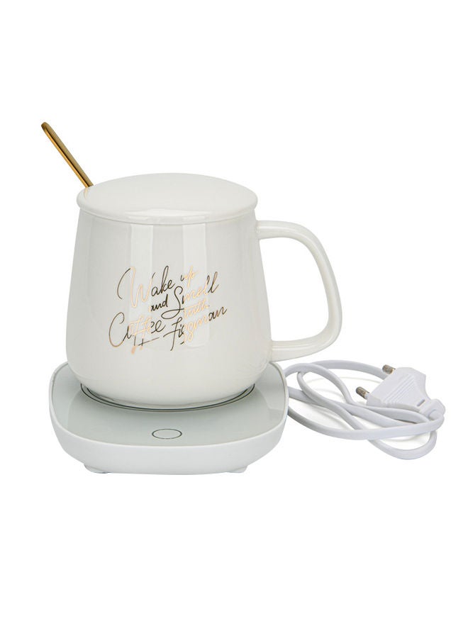 Ceramic Cup Constant Temperature Warmer Mug With Heater And Spoon Set White 400ml