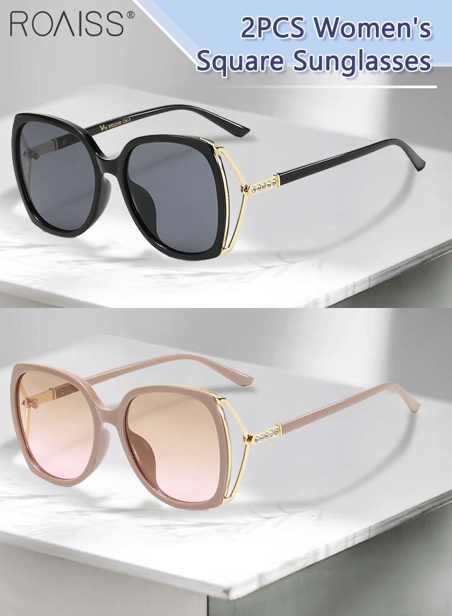 2 Pcs Women's Square Sunglasses, UV400 Protection Sun Glasses with Rhinestone-Encrusted Frame, Oversize Fashion Anti-glare Sun Shades for Women with Glasses Case, 56mm