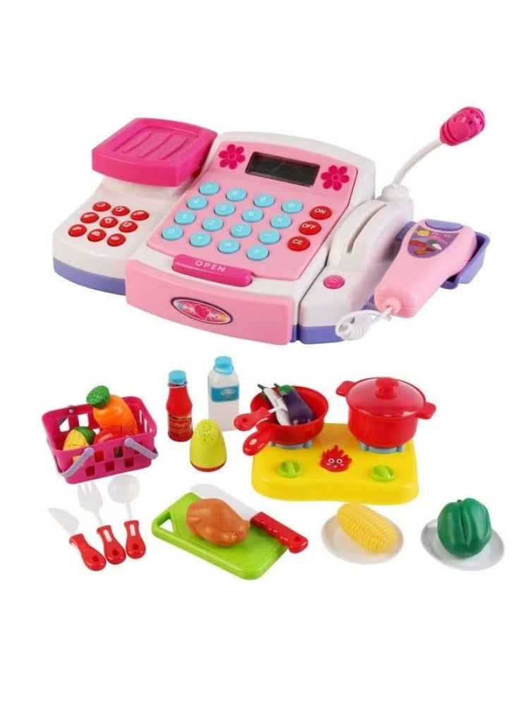 Toy Cash Register With Microphone Calculator Grocery Items Shopping Basket Scanner And Pretend Play Money Kids Supermarket Cashier Bank Gift For Preschool Children Boys Girls Toddlers (Pink)