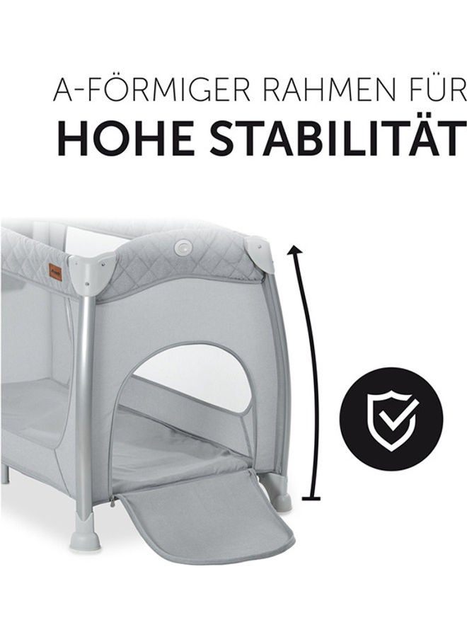 Travel Cots Play N Relax Center Foldable, Wheeled, Newborn Attachment, Changing Top, Side Pocket, Easy To Fold, Tilt - Resistant Design , Modern Style, For Babies Up To 15 Kg - Grey