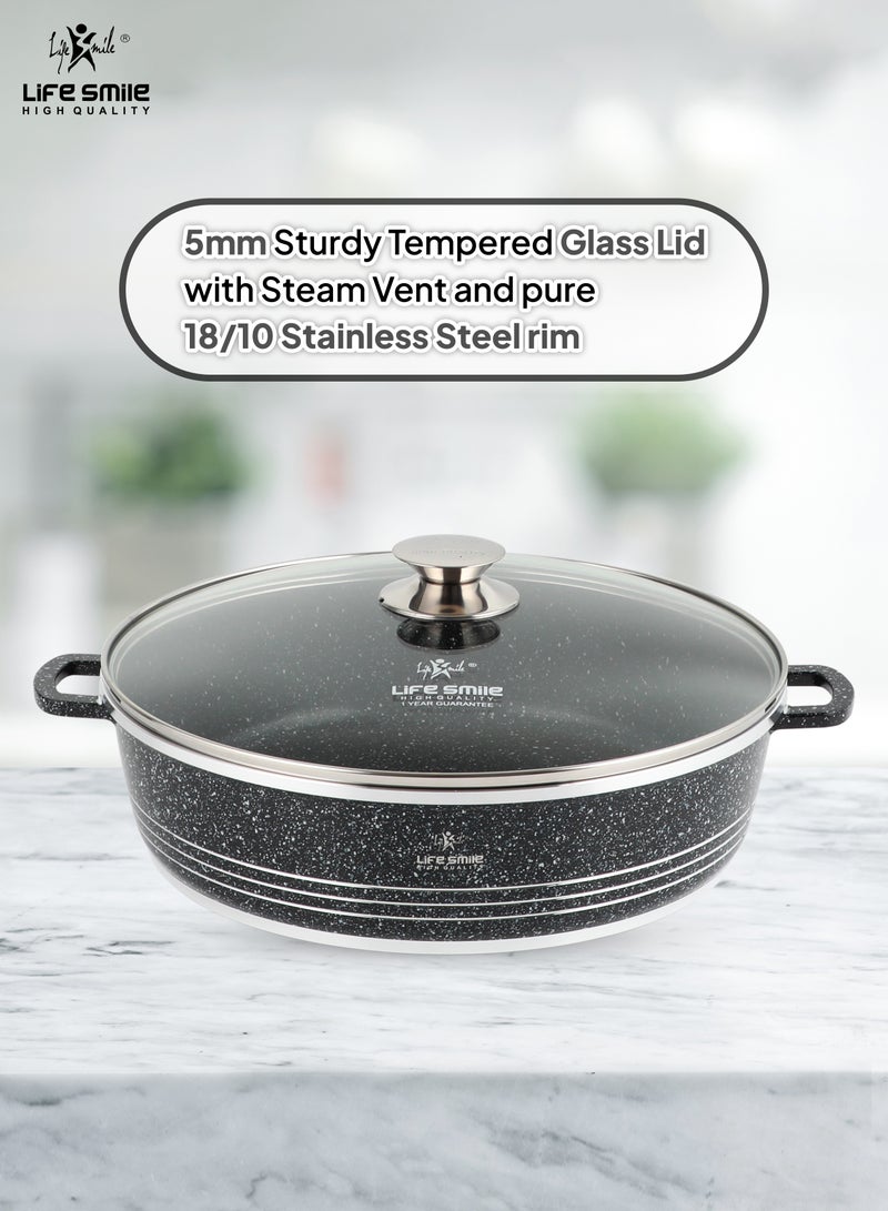 24/28/32cm Sizes Shallow Pot with Lid | Non Stick PFOA FREE Granite Coating Frying Pan Cooking Pot | Oven Safe | Dishwasher Safe | Double Handle (Black)