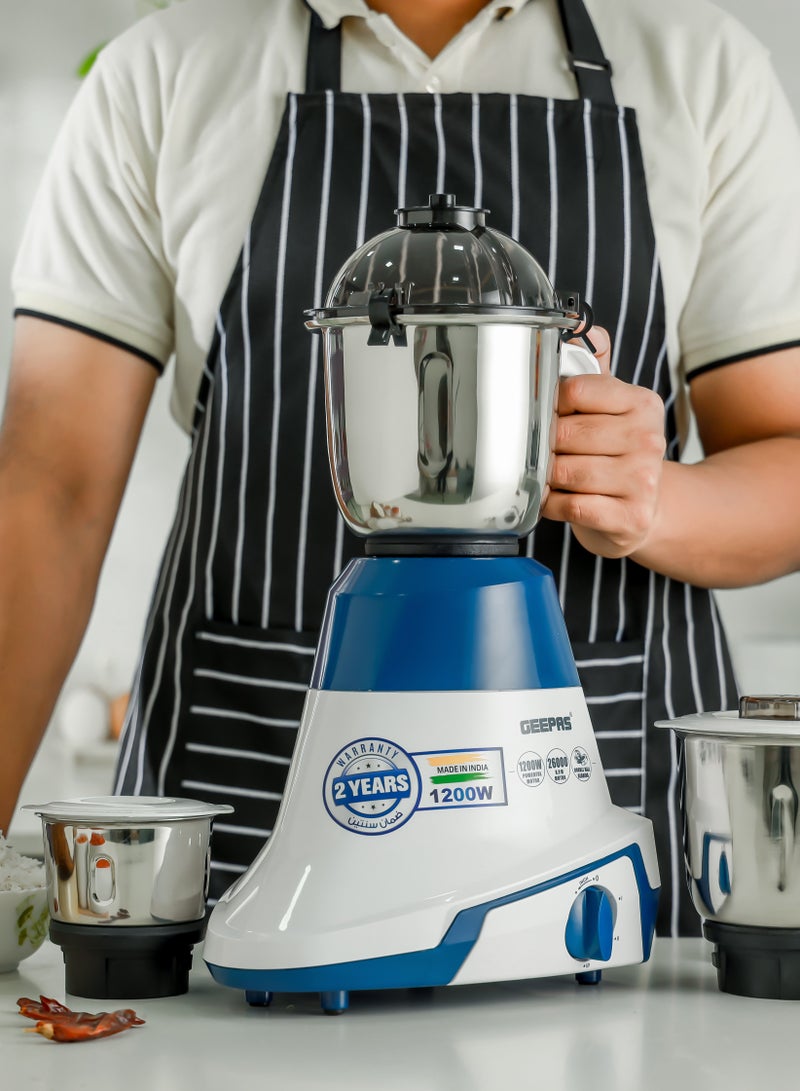 3-IN-1 Mixer Grinde, Powerful Copper Motor with Stainless Steel Jars (1.5 L, 1.0 L, 0.5 L) and Blades, ABS Body and Unbreakable PC Dome Lid| Ergonomic Design with Motor Overload Protector| 3 Jars, 3 Speed Setting with Incher 1200 W GSB44088 White