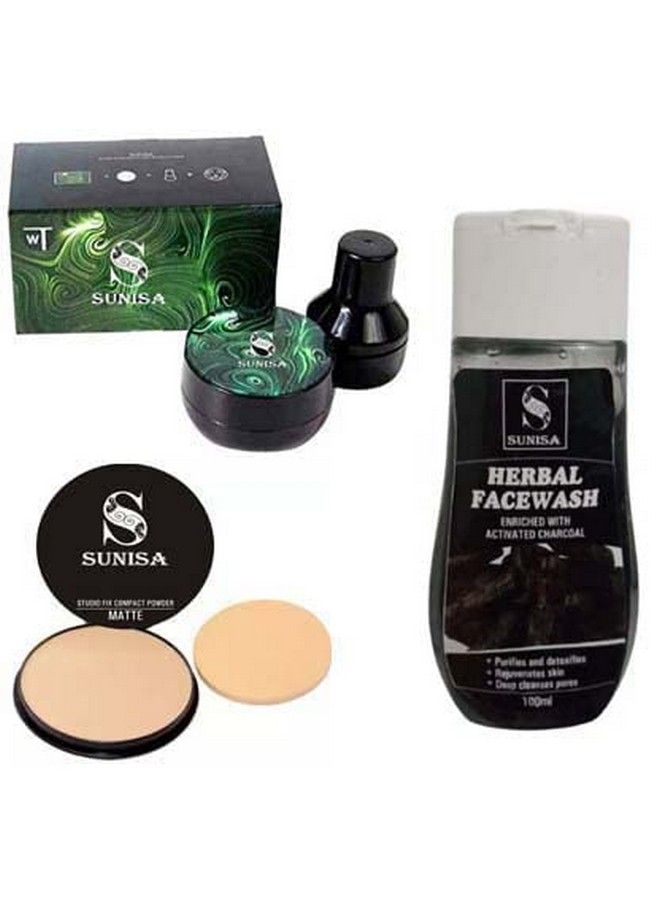 Sunisa New Black Herbal Facewash With Activated Charcoal 100 Ml And 1 Sunisa Air Cushion Bb Cream With 1 Studio Fix Compact Powder (Pack Of 3)
