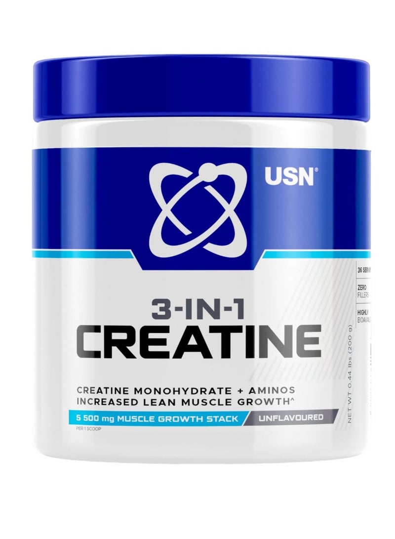 3 -In-1 Creatine Monohydrate, 5500mg Muscle Growth Stack, Unflavoured, 200gm