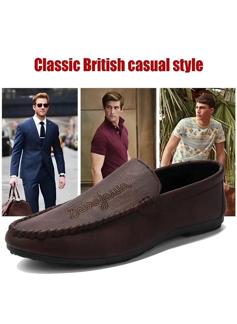 Men's Loafers Flat Heel Anti-Slip Lightweight Slip-ons Soft Sole Leather Shoes with Casual Style Round Toe Loafer for Family Gathering & Casual Party