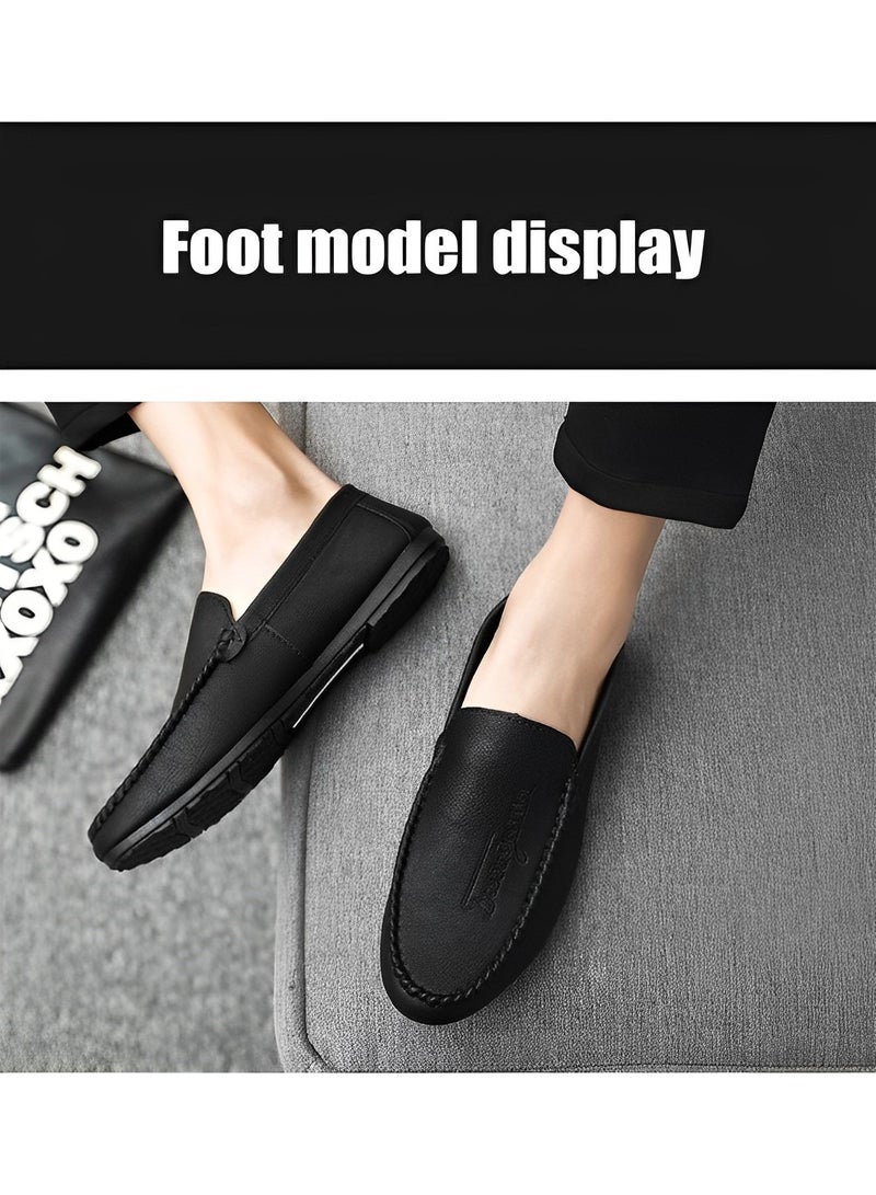 Men's Loafers Flat Heel Anti-Slip Lightweight Slip-ons Soft Sole Leather Shoes with Casual Style Round Toe Loafer for Family Gathering & Casual Party