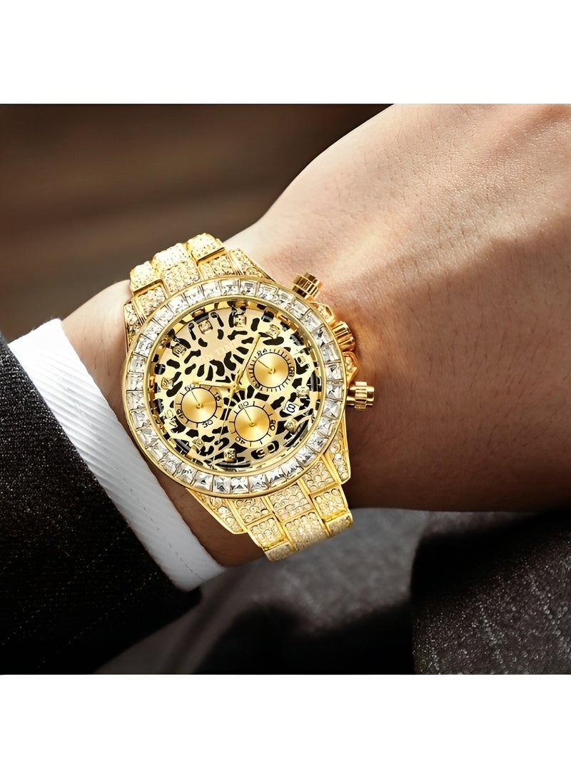Men's Quartz Watch with Leopard Print Round Dial & 3 Row Diamond Strap & Chronograph Date & Waterproof Dress Wrist Watch for Business Meeting Travel Banquet