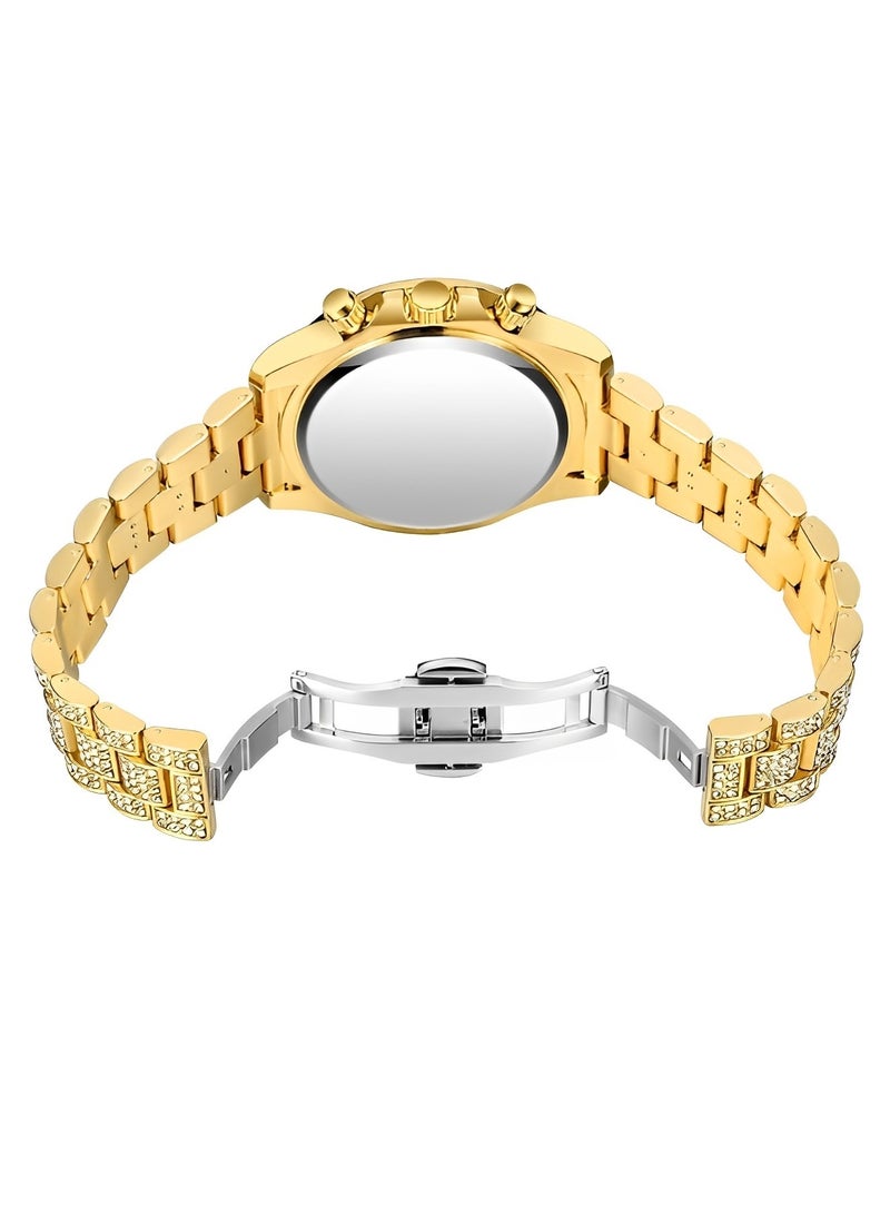Men's Quartz Watch with Leopard Print Round Dial & 3 Row Diamond Strap & Chronograph Date & Waterproof Dress Wrist Watch for Business Meeting Travel Banquet