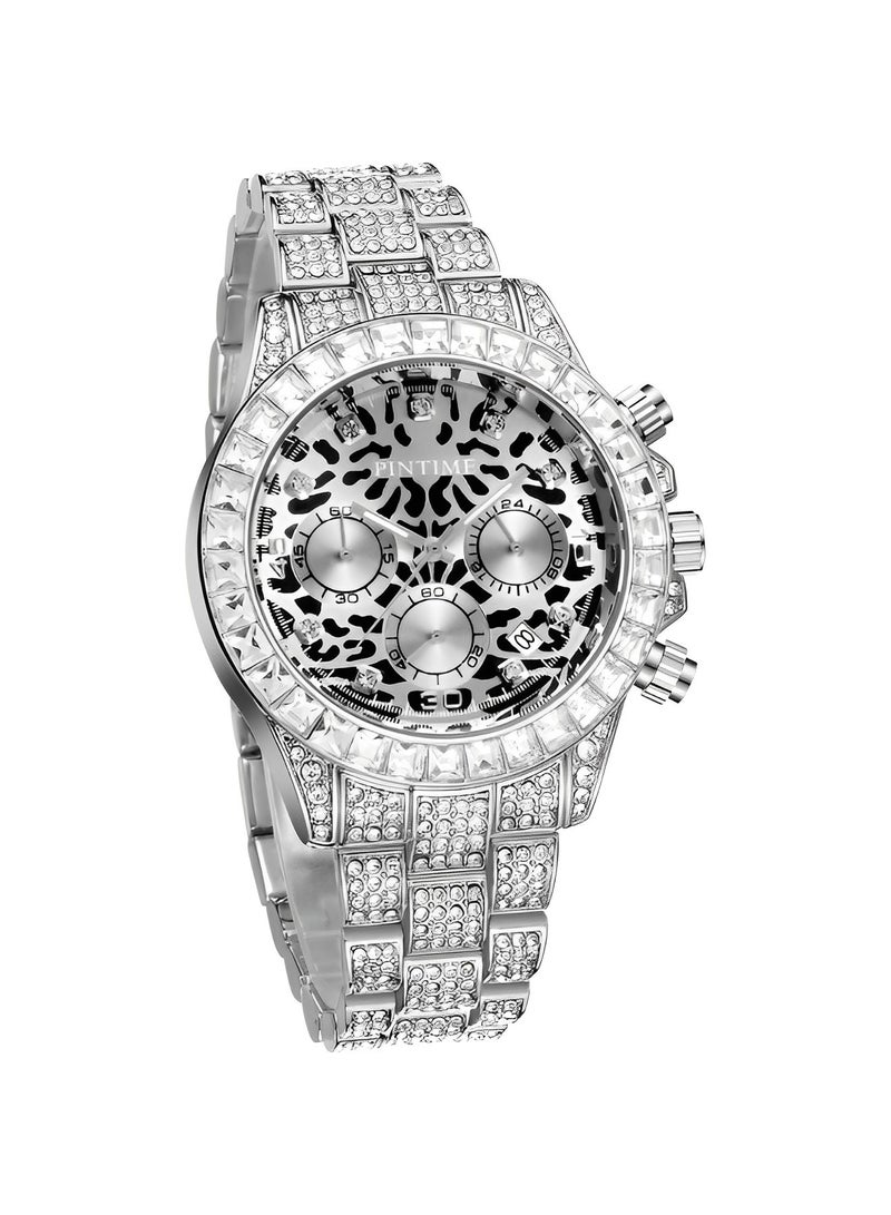 Men's Quartz Watch with Leopard Print Round Dial & 3 Row Diamond Strap & Chronograph Date & Waterproof Dress Wrist Watch for Business Meeting Travel Banquet