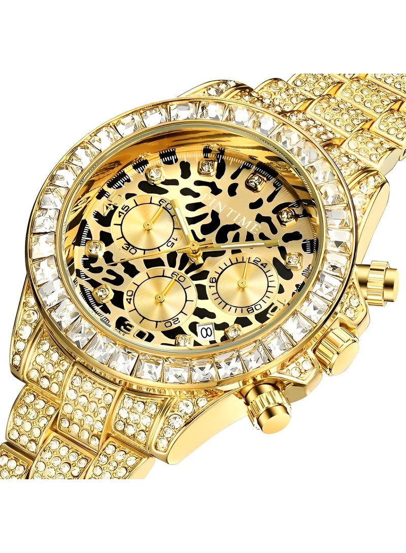 Men's Quartz Watch with Leopard Print Round Dial & 3 Row Diamond Strap & Chronograph Date & Waterproof Dress Wrist Watch for Business Meeting Travel Banquet