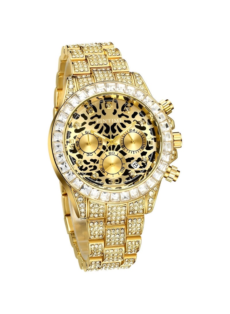 Men's Quartz Watch with Leopard Print Round Dial & 3 Row Diamond Strap & Chronograph Date & Waterproof Dress Wrist Watch for Business Meeting Travel Banquet