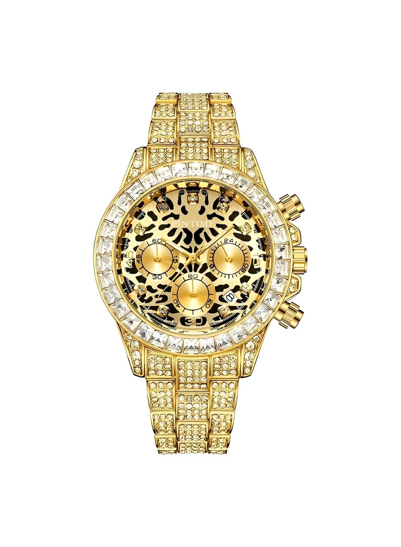 Men's Quartz Watch with Leopard Print Round Dial & 3 Row Diamond Strap & Chronograph Date & Waterproof Dress Wrist Watch for Business Meeting Travel Banquet