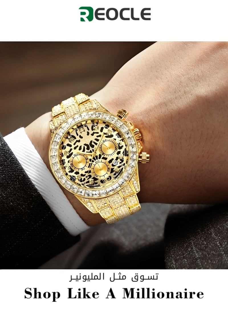 Men's Quartz Watch with Leopard Print Round Dial & 3 Row Diamond Strap & Chronograph Date & Waterproof Dress Wrist Watch for Business Meeting Travel Banquet