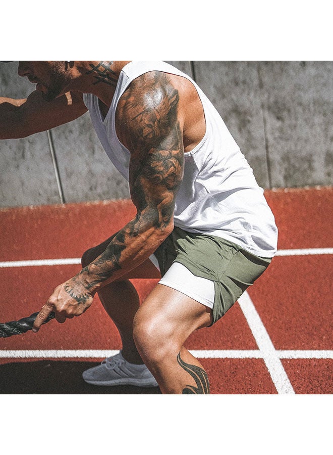 Men's Casual Beach Shorts Solid Double Layer Running Mesh Sports Drawstring Lace up Fitness