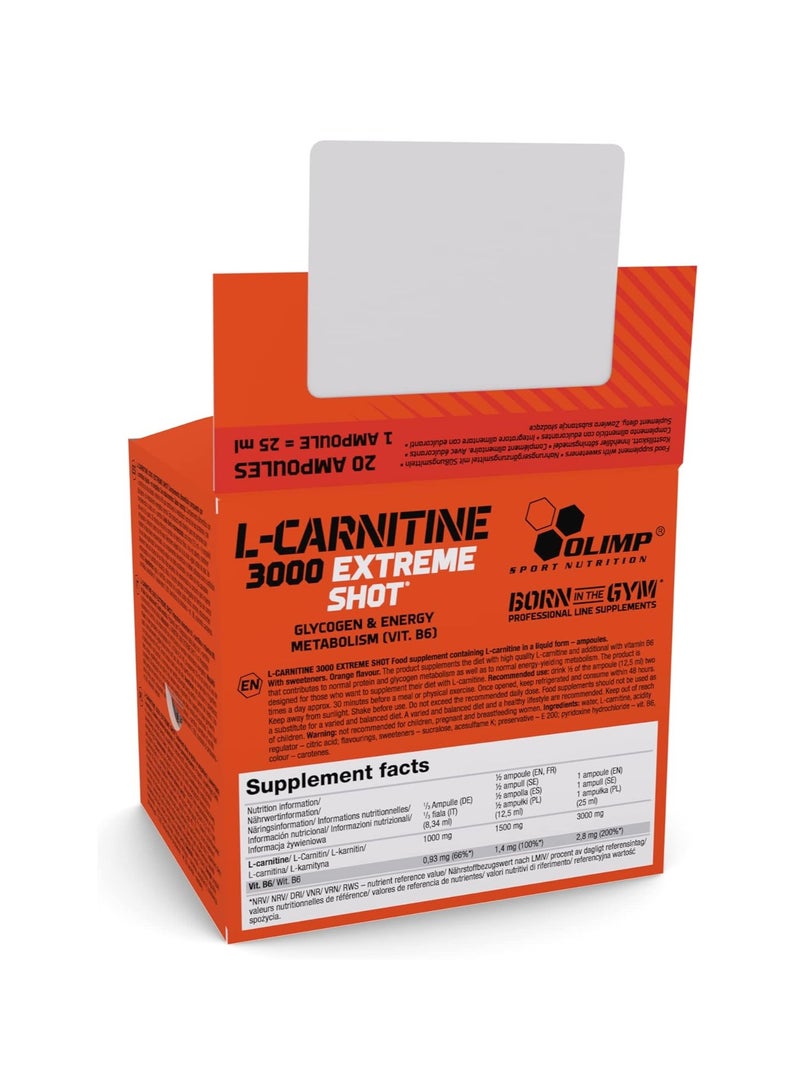 L-Carnitine 3000 Extreme Shot, Orange Flavour, 25ml, 20 Pieces