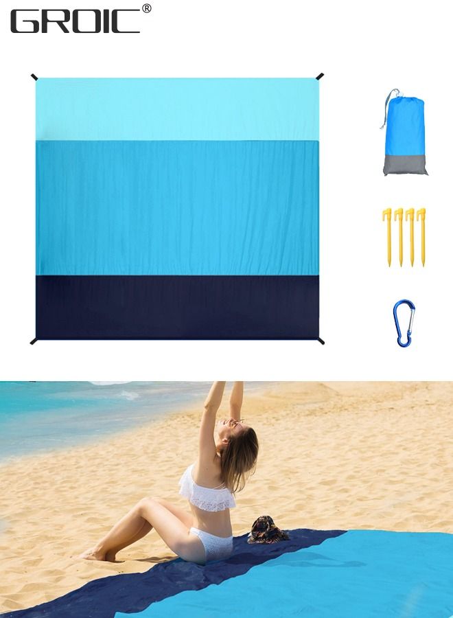 200*210 CM Beach Blanket Sandproof, Extra Large Beach Mat, Big & Compact Sand Free Mat Quick Drying, Lightweight & Durable with 4 Stakes & 4 Pockets Bag & 1 Carabiner