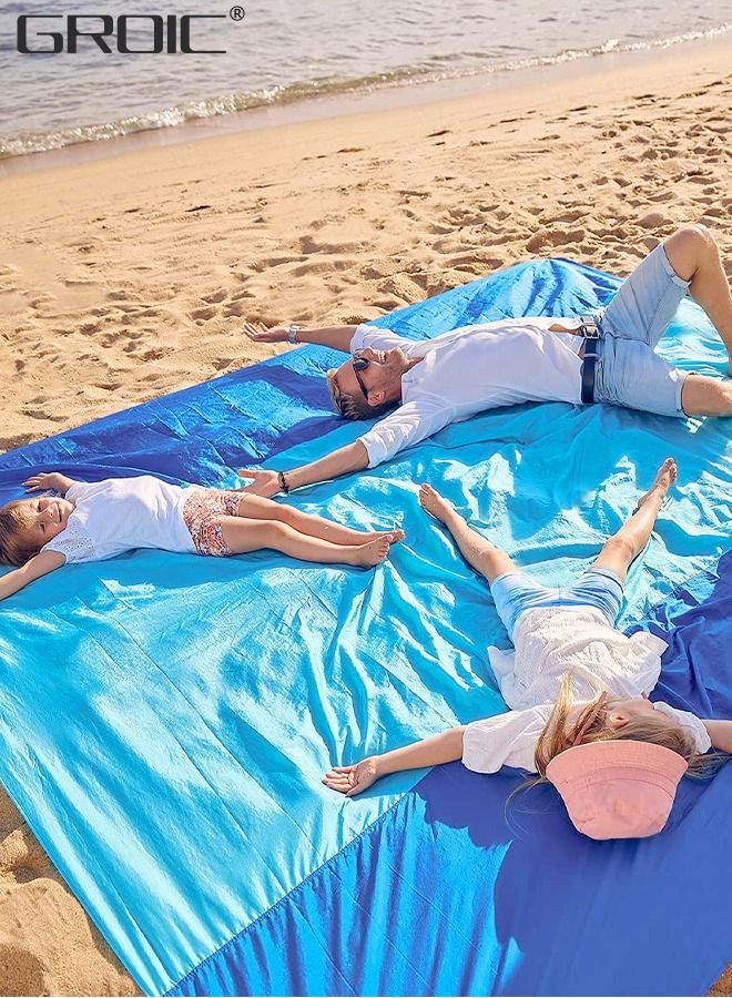 200*210 CM Beach Blanket Sandproof, Extra Large Beach Mat, Big & Compact Sand Free Mat Quick Drying, Lightweight & Durable with 4 Stakes & 4 Pockets Bag & 1 Carabiner