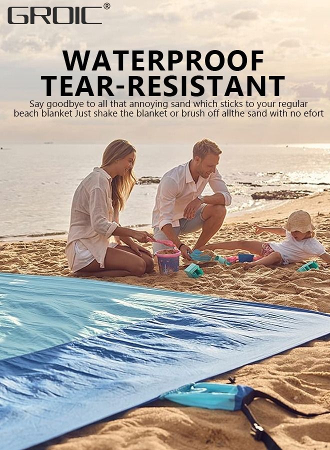 200*210 CM Beach Blanket Sandproof, Extra Large Beach Mat, Big & Compact Sand Free Mat Quick Drying, Lightweight & Durable with 4 Stakes & 4 Pockets Bag & 1 Carabiner