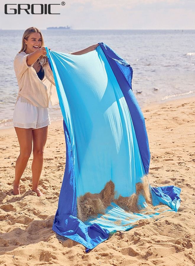 200*210 CM Beach Blanket Sandproof, Extra Large Beach Mat, Big & Compact Sand Free Mat Quick Drying, Lightweight & Durable with 4 Stakes & 4 Pockets Bag & 1 Carabiner