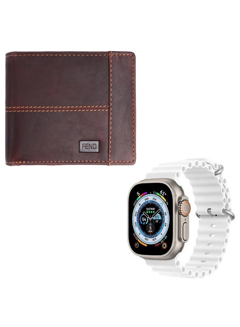 FEND FD66 49mm hd display silver smart watch with 2 pair strap and genuine leather men's wallet Combo