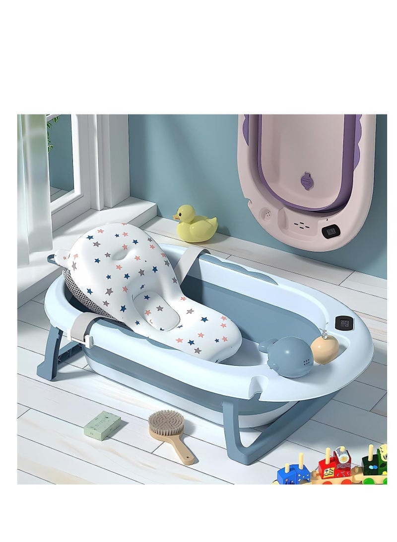 Baby Bathtub Foldable, Baby Bath Essentials Baby Bathtub, Newborn to Toddler Portable Travel Multifunctional Baby Bath Tub with Non-Slip Mat, Drain Hole(Blue+Floating Baby Bath Cushion)