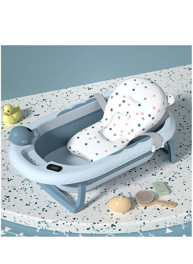 Baby Bathtub Foldable, Baby Bath Essentials Baby Bathtub, Newborn to Toddler Portable Travel Multifunctional Baby Bath Tub with Non-Slip Mat, Drain Hole(Blue+Floating Baby Bath Cushion)