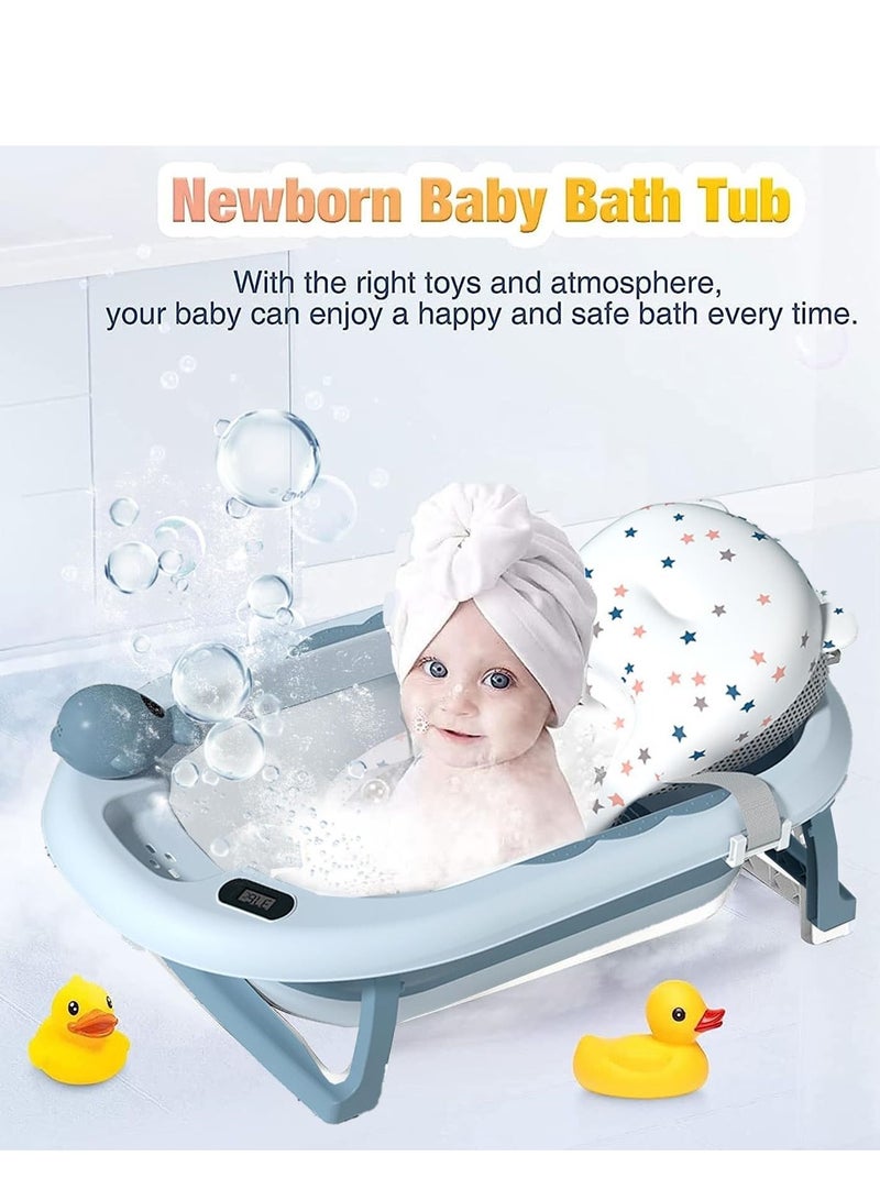 Baby Bathtub Foldable, Baby Bath Essentials Baby Bathtub, Newborn to Toddler Portable Travel Multifunctional Baby Bath Tub with Non-Slip Mat, Drain Hole(Blue+Floating Baby Bath Cushion)