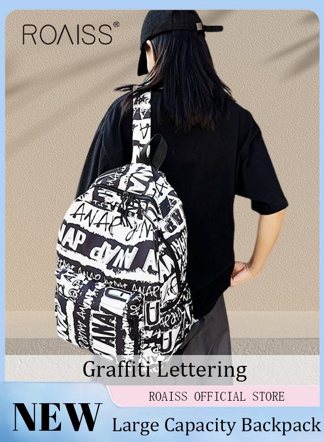 Trendy Graffiti Style Backpack  Large Capacity Durable Smooth Zipper Comfortable Fabric Adjustable Shoulder Strap