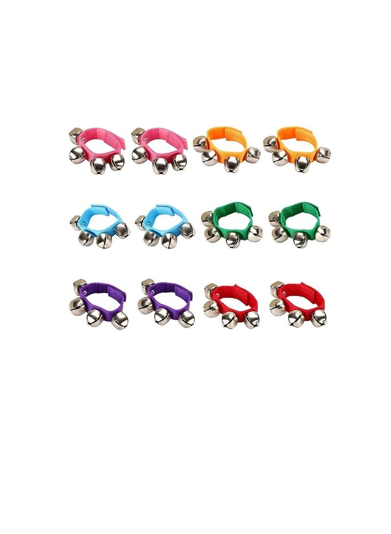 Set of 12 Bell Bracelets - Pair of Bracelets with 4 Bells, Multi-Coloured Musical Instruments and Rattle for Parties, School and Music Class
