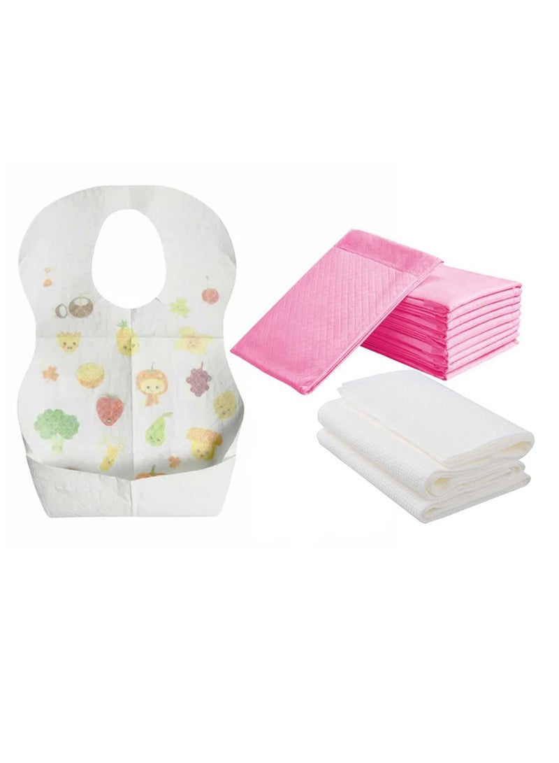 Combo Pack Pack Disposable Changing Mat 20Pcs Disposable Towel 3Pcs Bibs 20Pcs-Pink