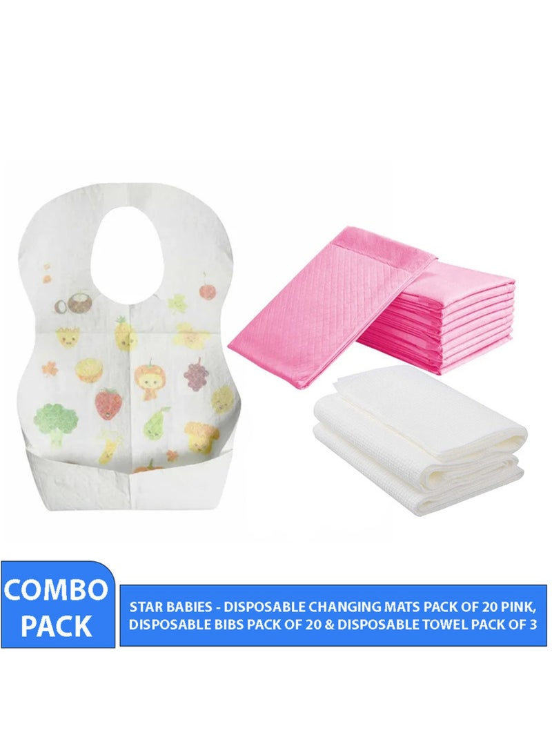 Combo Pack Pack Disposable Changing Mat 20Pcs Disposable Towel 3Pcs Bibs 20Pcs-Pink