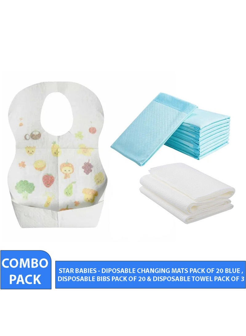Combo Pack Pack Disposable Changing Mat 20Pcs Disposable Towel 3Pcs Bibs 20Pcs-Blue