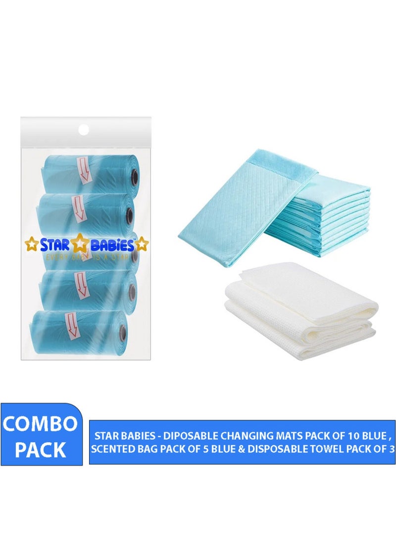 Combo Pack Pack Disposable Changing Mat 10Pcs Disposable Towel 3Pcs Bibs 10Pcs-Blue